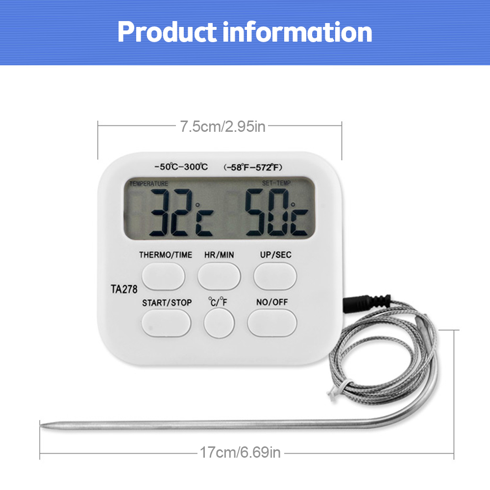 Kitchen With Baking Station - TA278 Digitales Küchenthermometer, Timer, Edelstahlsonde, Fleisch,